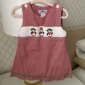 Red Gingham Dress with Penguin Embroidery